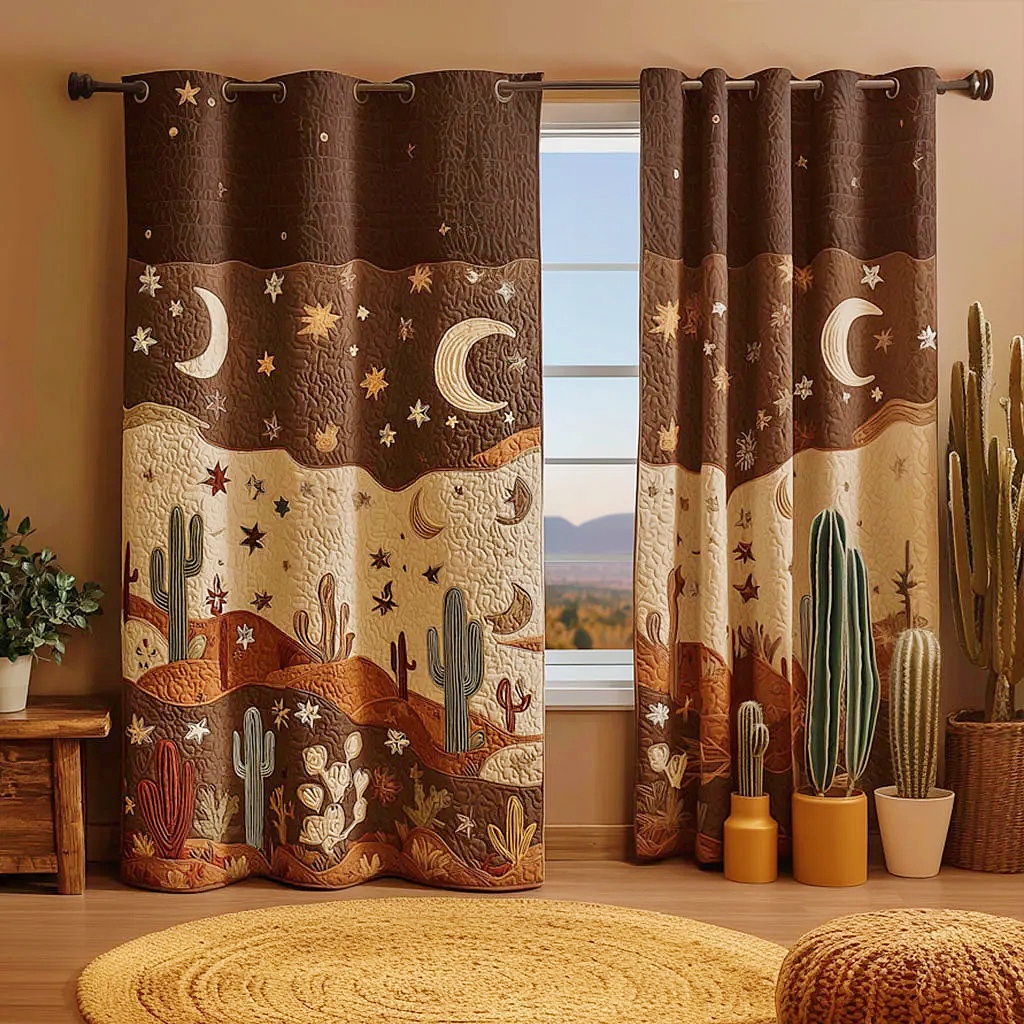 Star & Moon Desert Cactus Embroidered Knitwear Quilted Curtains