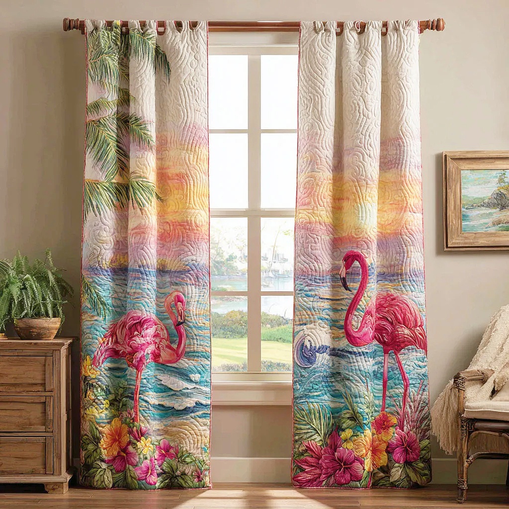 Flamingo & Tropical Palm Embroidered Knitwear Quilted Curtains