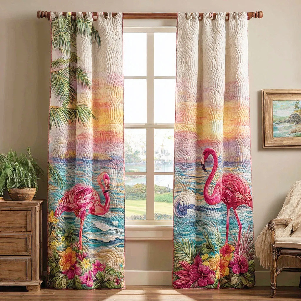 Flamingo & Tropical Palm Embroidered Knitwear Quilted Curtains
