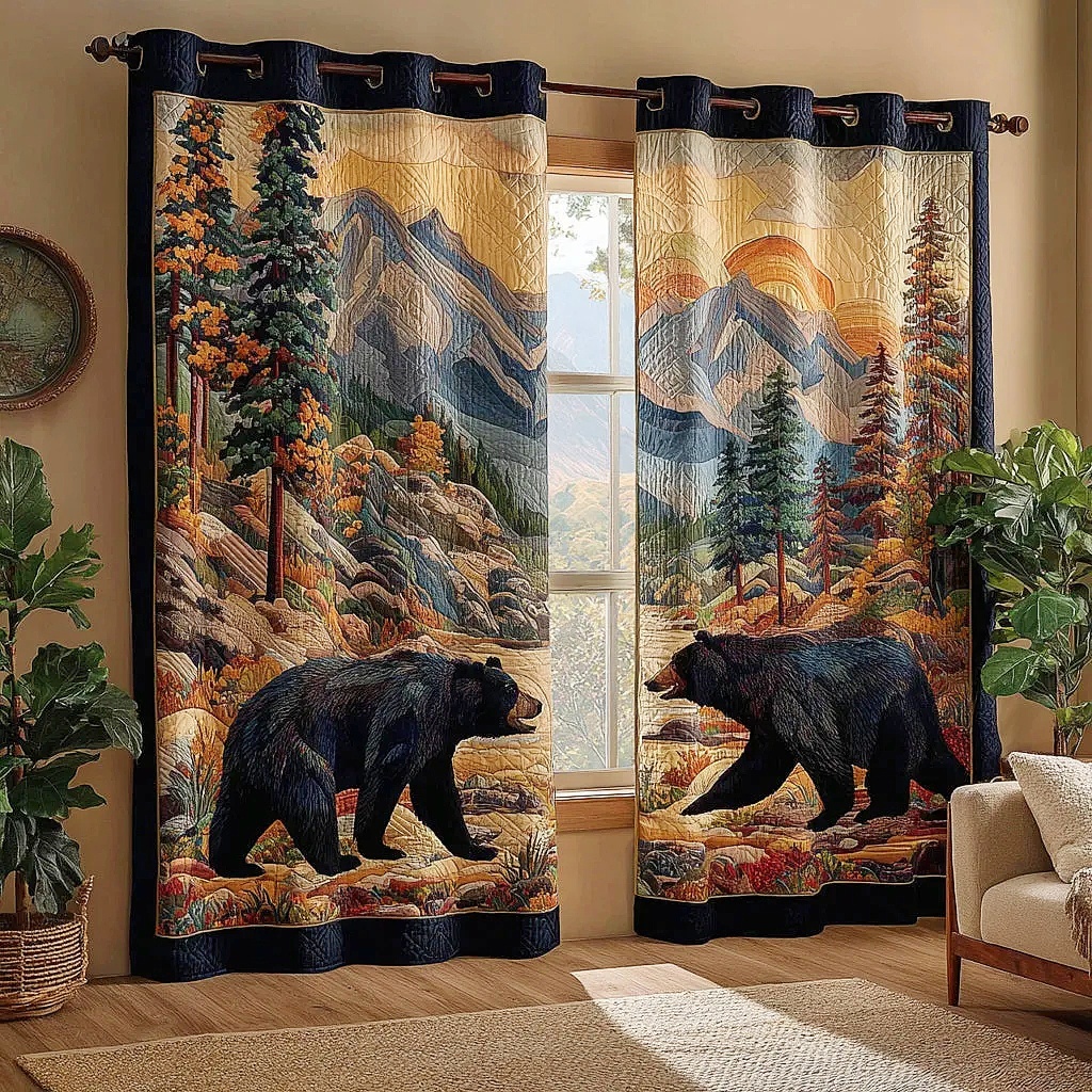 Black Bear & Mountain Forest Embroidered Knitwear Quilted Curtains