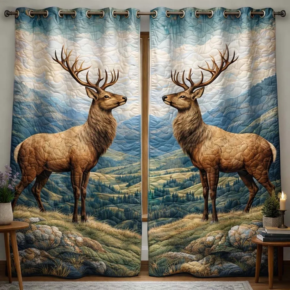 Stag & Mountain Landscape Embroidered Knitwear Quilted Curtains