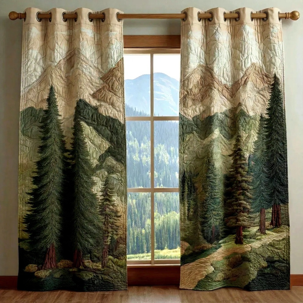 Pine Trees & Mountain Range Embroidered Knitwear Quilted Curtains