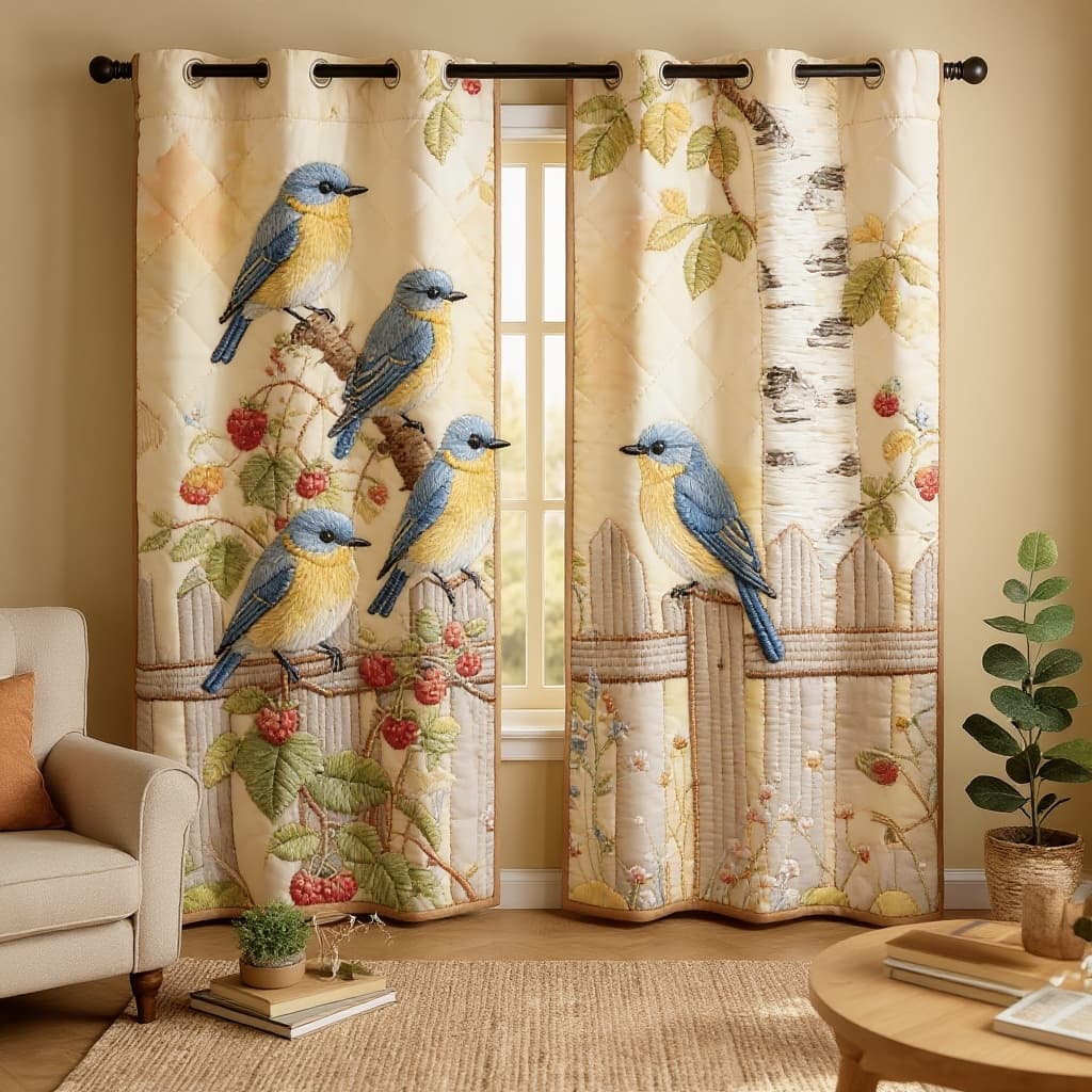 Blue Birds & Raspberry Bush Fence Embroidered Knitwear Quilted Curtains