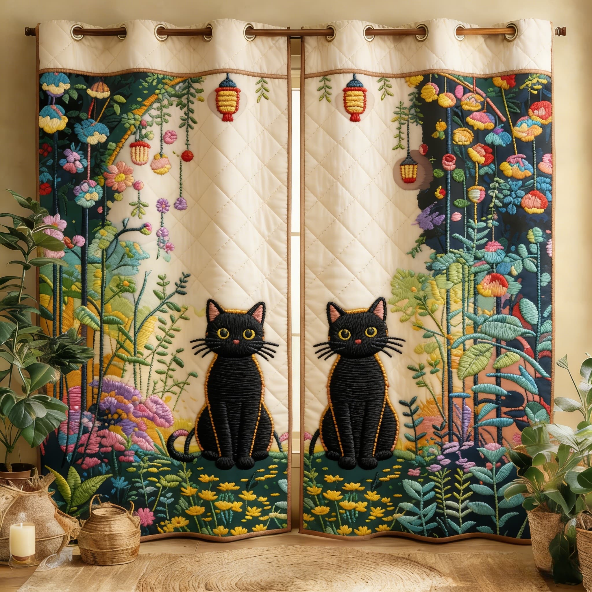 Vibrant Garden & Black Cat Embroidered Knitwear Quilted Curtains