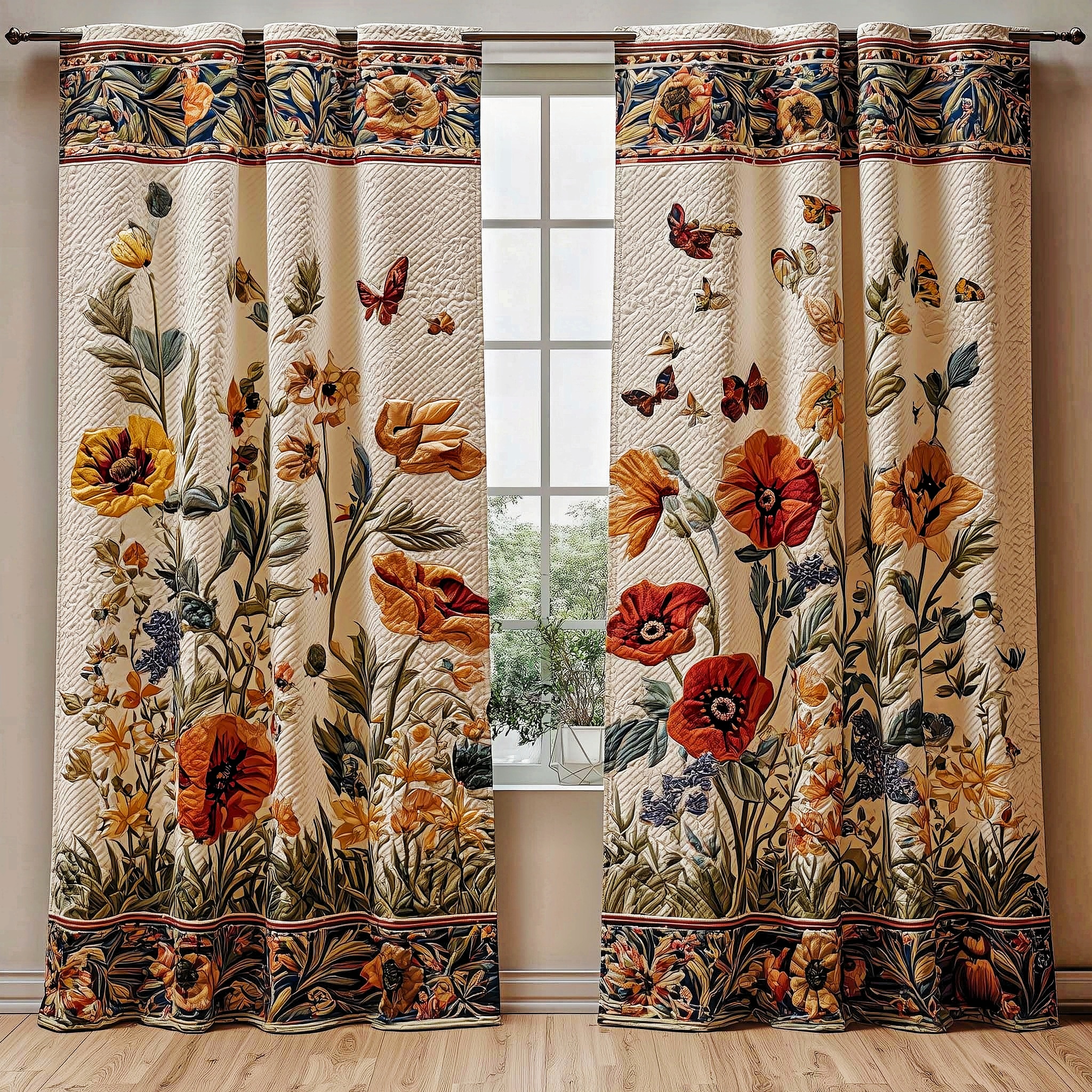 Popopy & Butterfly Garden Embroidered Knitwear Quilted Curtains