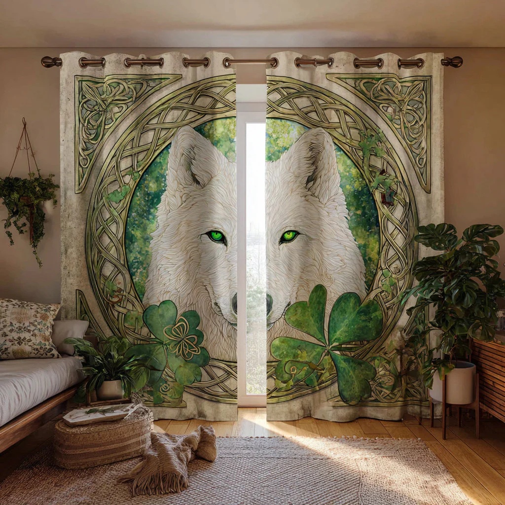 White Wolf & Celtic Knot Embroidered Knitwear Quilted Curtains