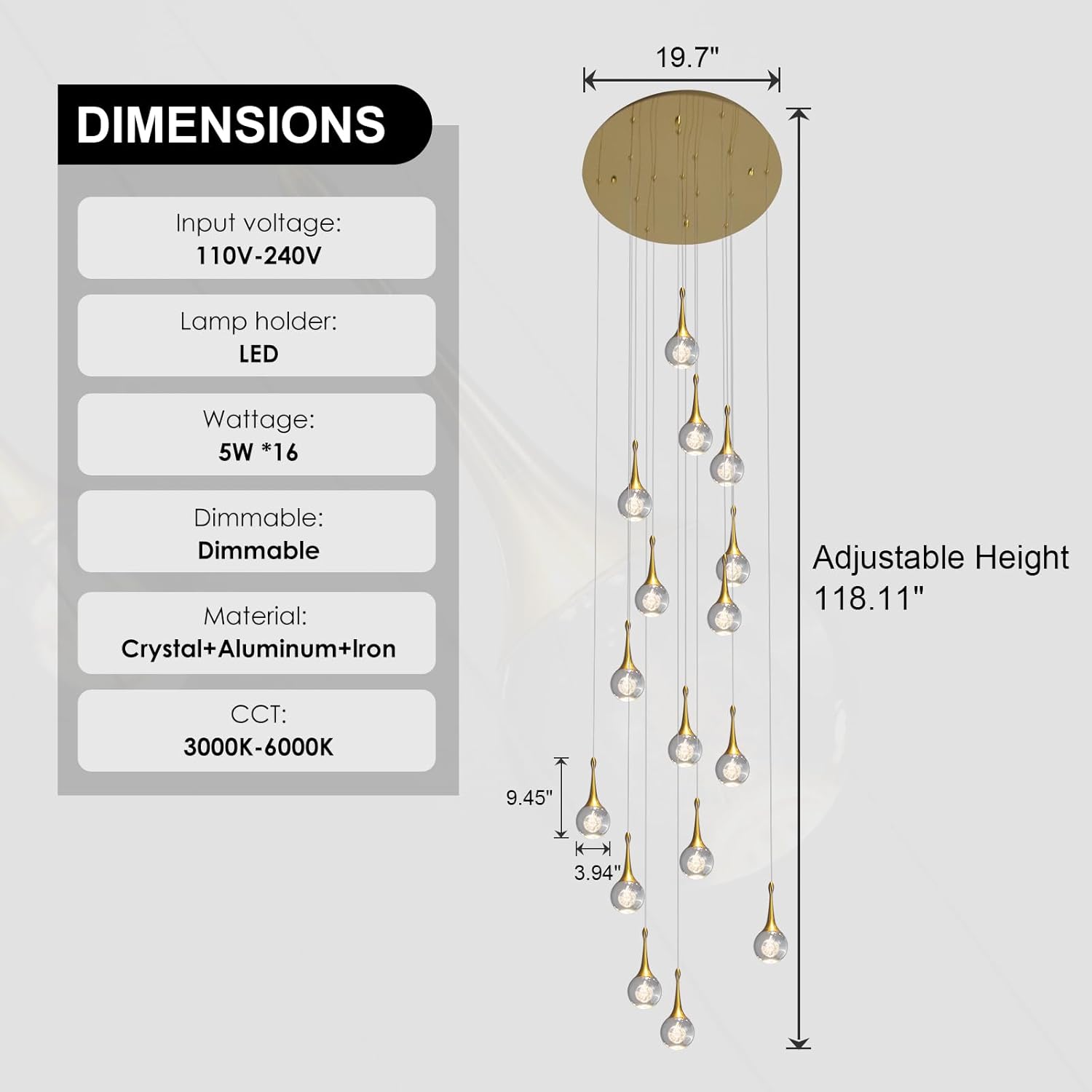 16-Lights Gold LED Staircase Chandelier for High Ceiling