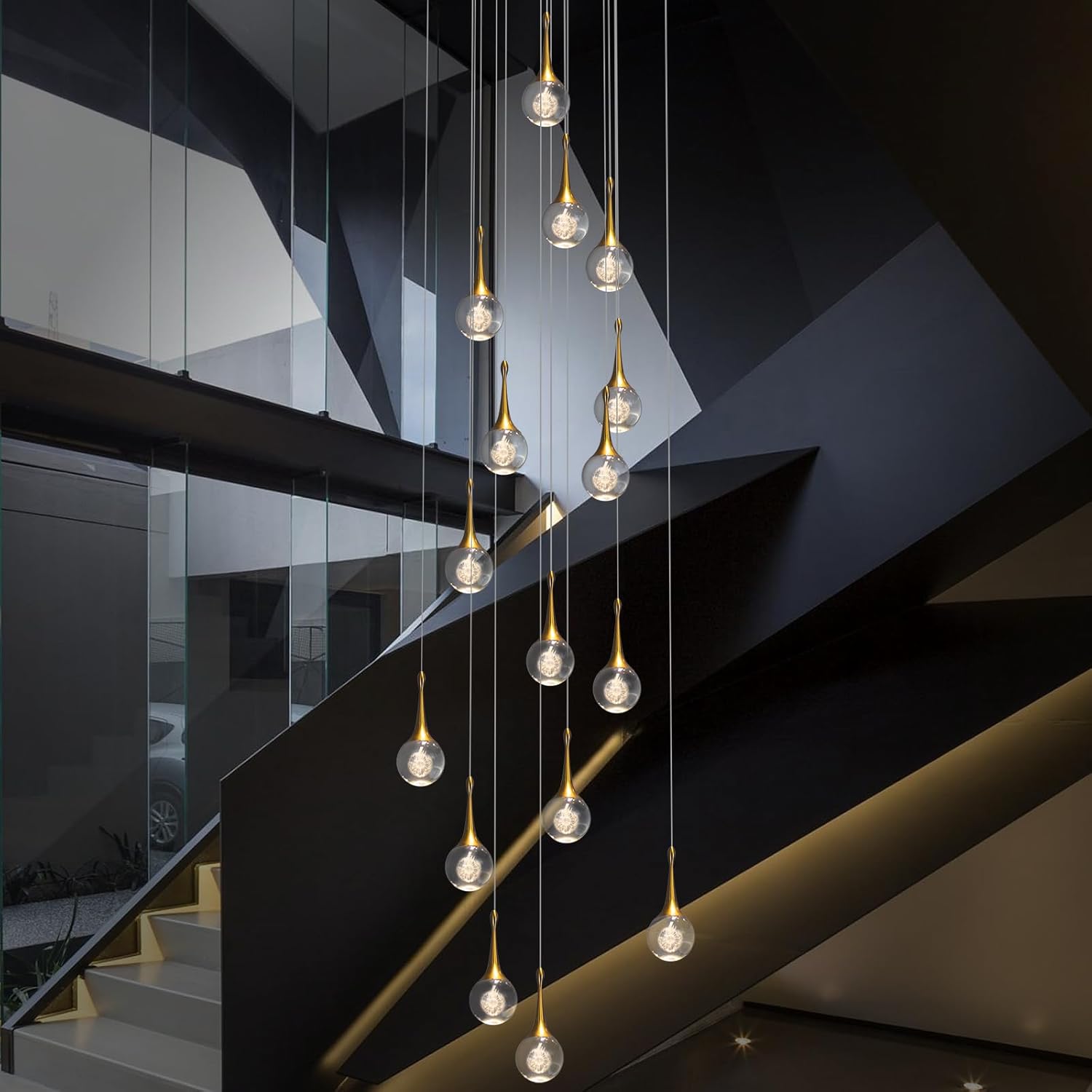 16-Lights Gold LED Staircase Chandelier for High Ceiling