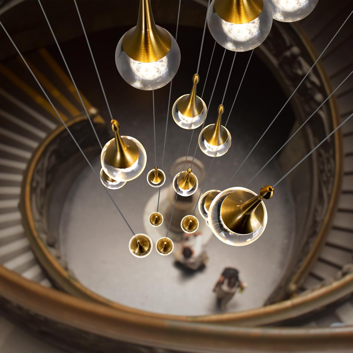 16-Lights Gold LED Staircase Chandelier for High Ceiling