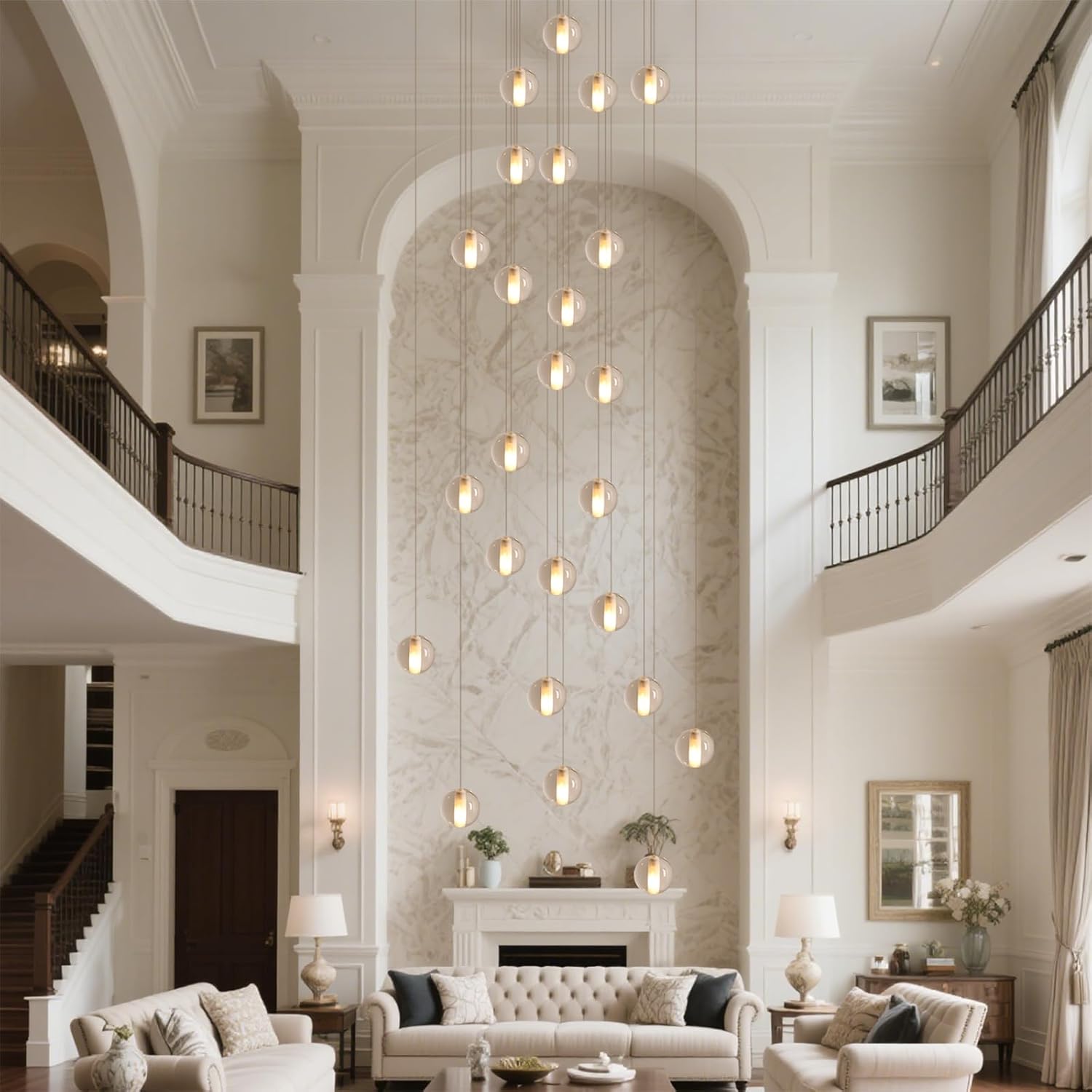 25 Lights Nickel Staircase Chandelier for High Ceiling