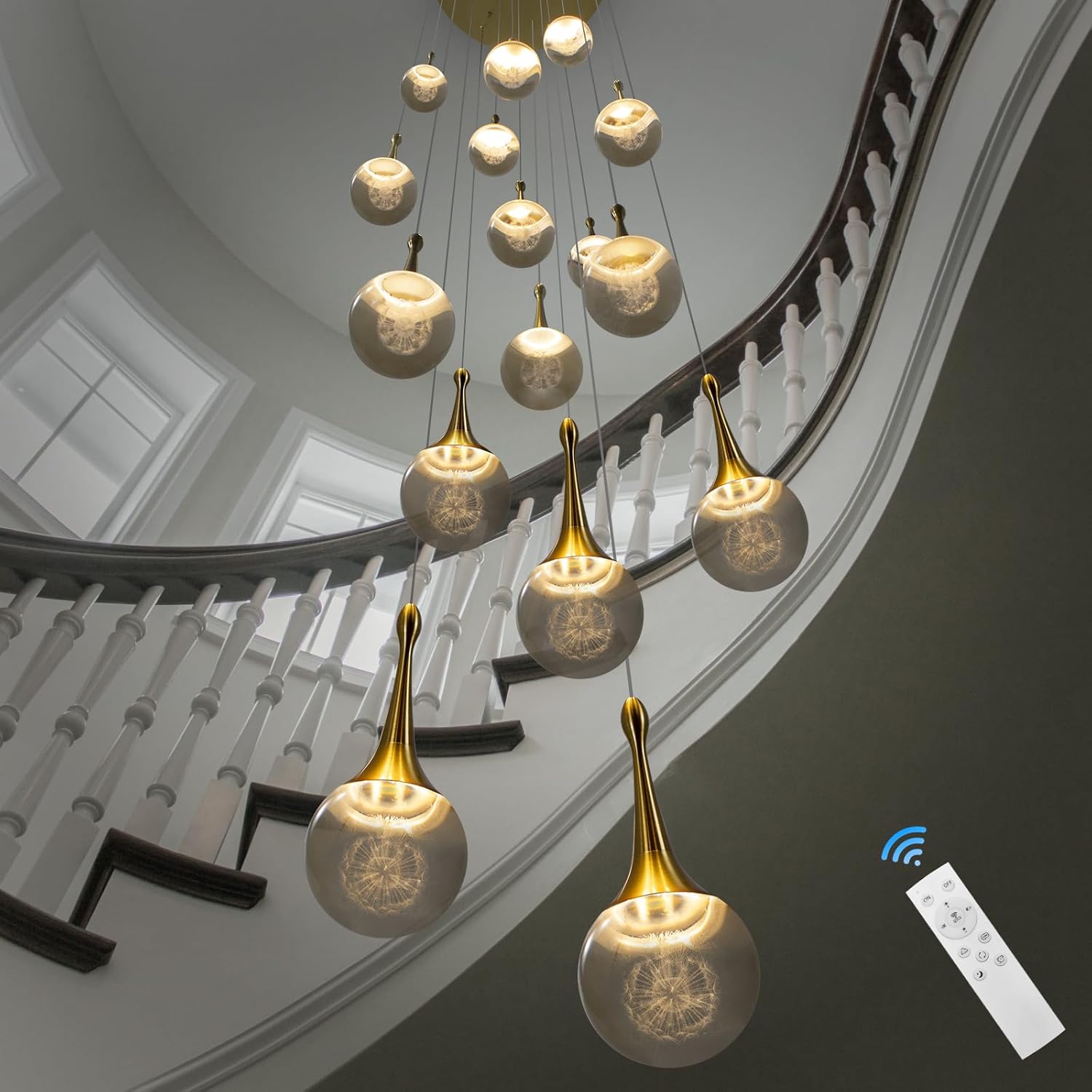 16-Lights Gold LED Staircase Chandelier for High Ceiling