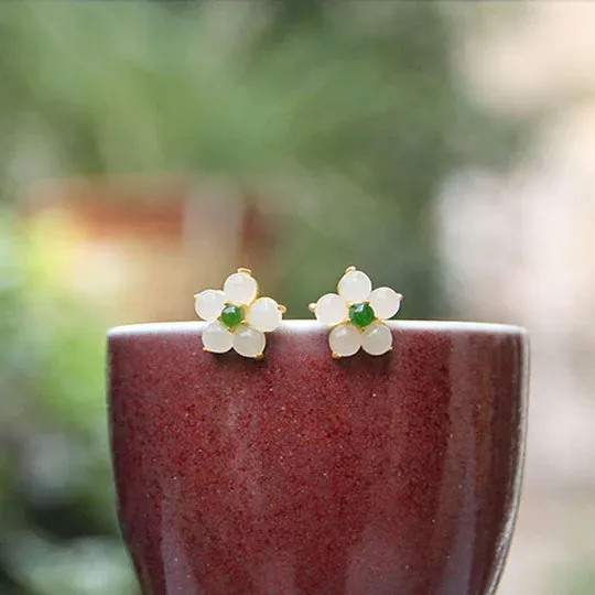 White Jade Flower Luck Stud Earrings - Protection & Luck