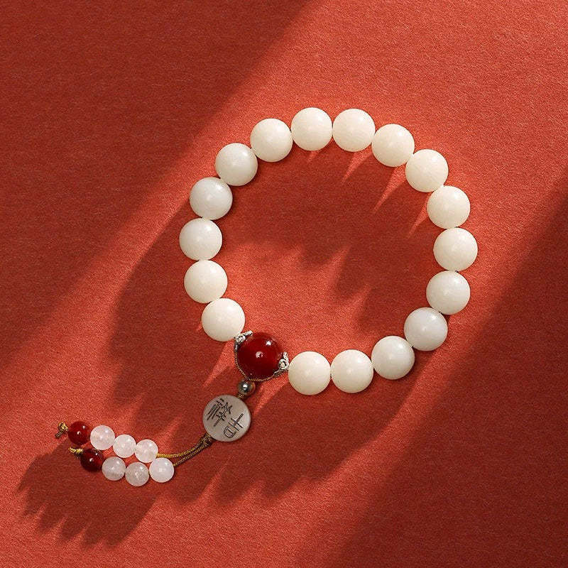 NatureQi - Bodhi Seed, Red Agate, Black Obsidian, Pink Crystal & Rutilated Quartz Mala Bracelet for Inner Peace and Spiritual Balance