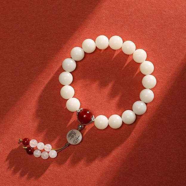 NatureQi - Bodhi Seed, Red Agate, Black Obsidian, Pink Crystal & Rutilated Quartz Mala Bracelet for Inner Peace and Spiritual Balance