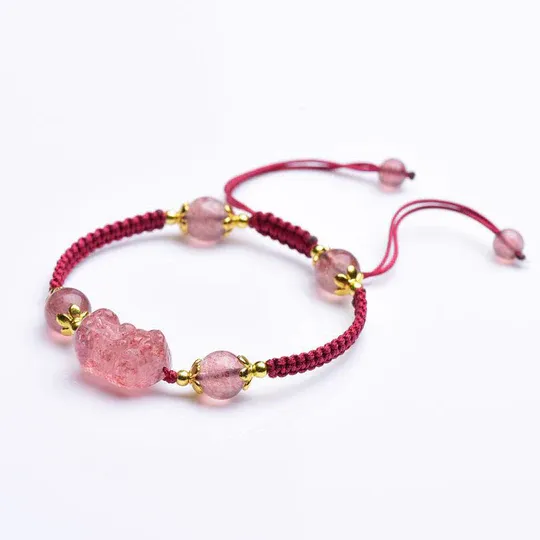 NatureQi Natural Strawberry Crystal Pixiu Wealth - attracting Red - String Bracelet: Inherit Auspicious Meanings and Attract Wealth and Blessings