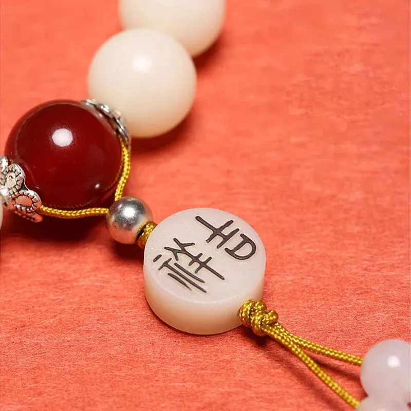 NatureQi - Bodhi Seed, Red Agate, Black Obsidian, Pink Crystal & Rutilated Quartz Mala Bracelet for Inner Peace and Spiritual Balance