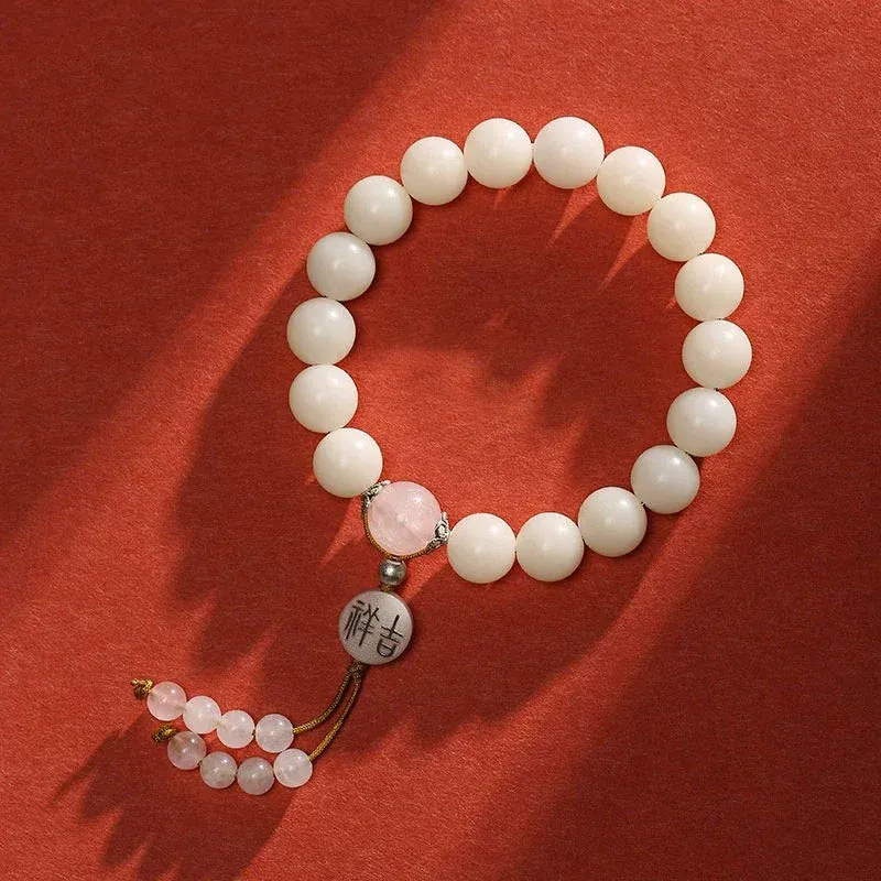 NatureQi - Bodhi Seed, Red Agate, Black Obsidian, Pink Crystal & Rutilated Quartz Mala Bracelet for Inner Peace and Spiritual Balance