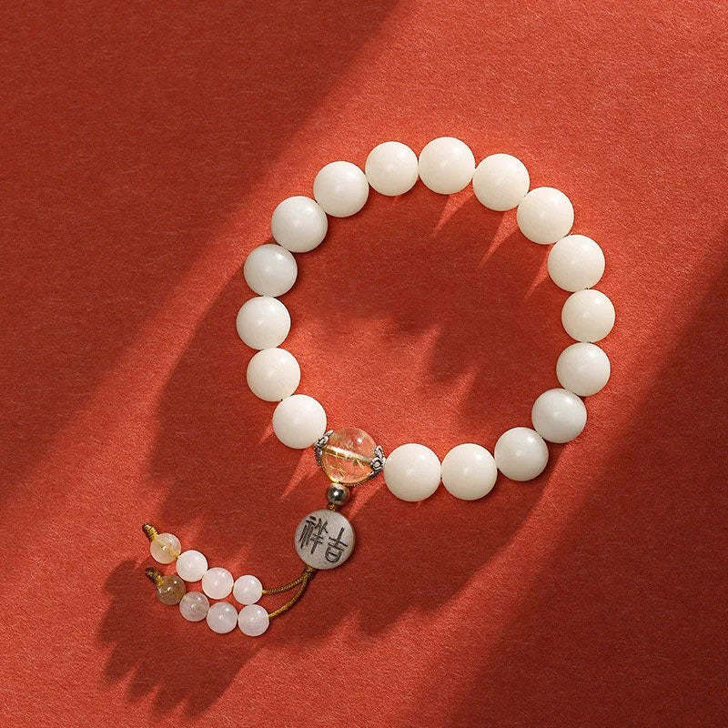 NatureQi - Bodhi Seed, Red Agate, Black Obsidian, Pink Crystal & Rutilated Quartz Mala Bracelet for Inner Peace and Spiritual Balance