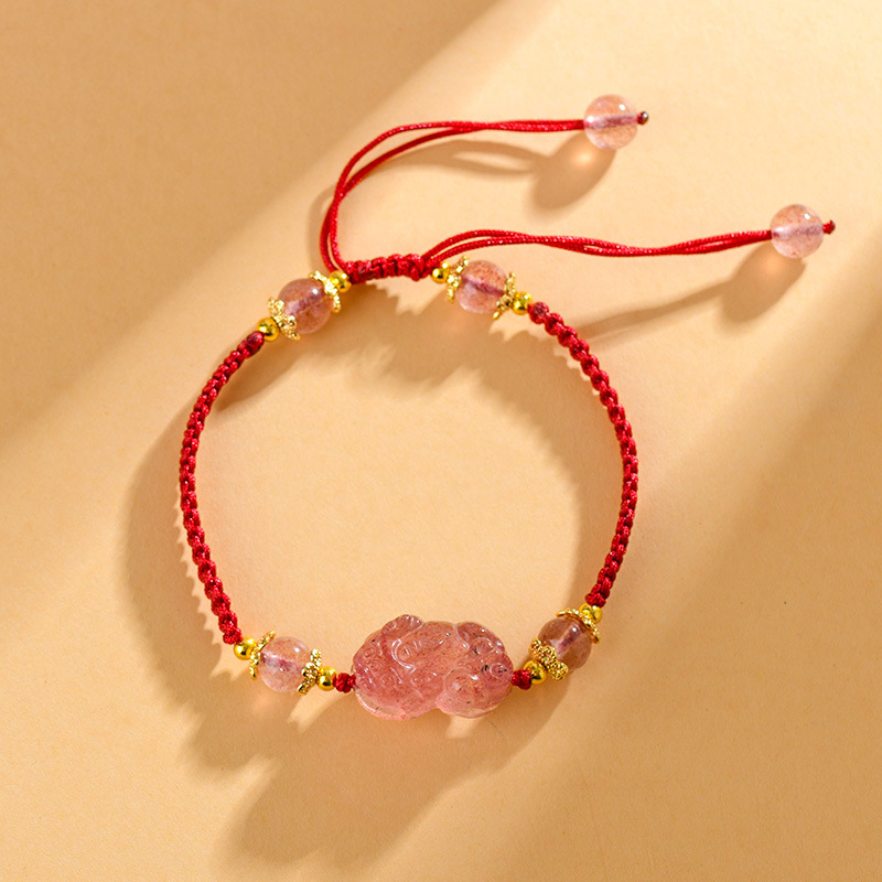 NatureQi Natural Strawberry Crystal Pixiu Wealth - attracting Red - String Bracelet: Inherit Auspicious Meanings and Attract Wealth and Blessings
