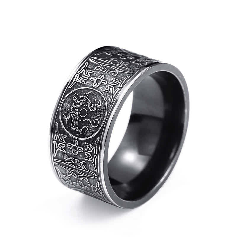 NatureQi Empowered by Four Guardian Beasts: Dragon, White Tiger, Suzaku, Basalt - Carved Success and Good Luck Ring - Open the Door to Luck and Success