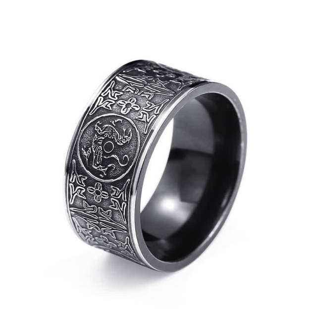 NatureQi Empowered by Four Guardian Beasts: Dragon, White Tiger, Suzaku, Basalt - Carved Success and Good Luck Ring - Open the Door to Luck and Success