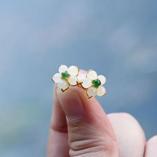 White Jade Flower Luck Stud Earrings - Protection & Luck