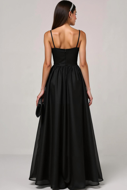 Modecrush Black Rhinestone Embellished Satin A-Line Long Formal Dress
