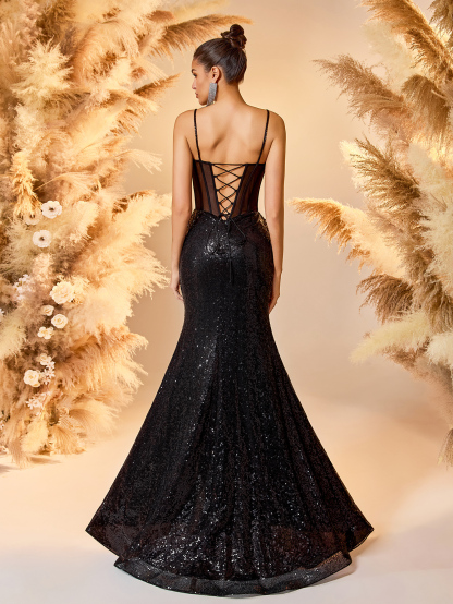 Modecrush sexy Rhinestone Swimsuit with Sheer Mesh Top - Lavender High Slit Mermaid Evening Dress, Strapless Satin Gown & Glitter Embellishments