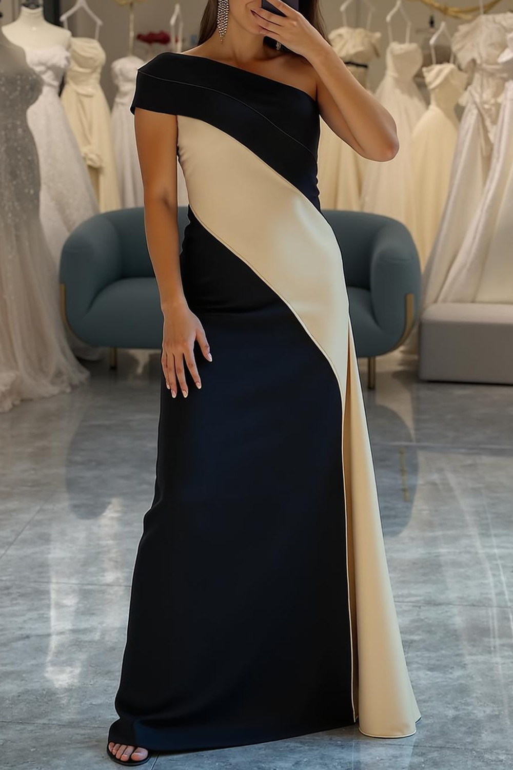 Modecrush Black&Ivory Sheath One Shoulder Splicing Satin Long Formal Dress 