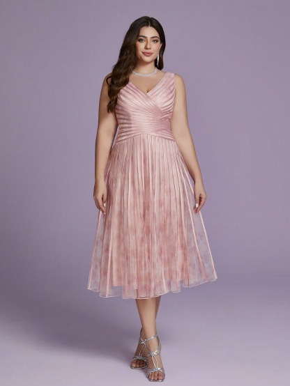 Leely Plus Women's Elegant V Neck A-Line Midi Dress