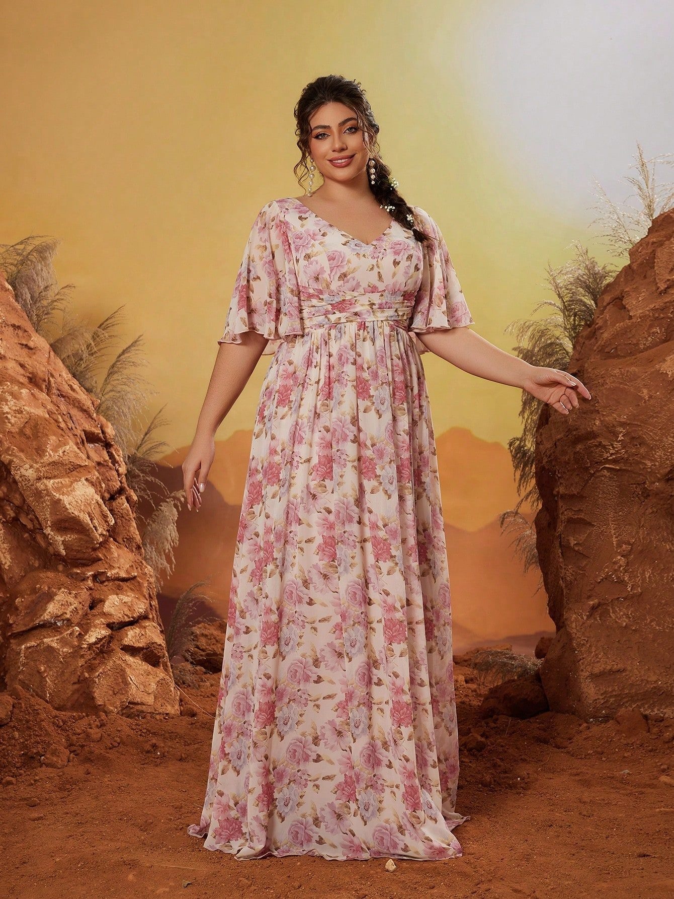 Leely Plus Women's Elegant V Neck Flounce Sleeve A-Line Dress