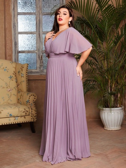 Leely Plus Women's Elegant V Neck Batwing Sleeve Pleated A-Line Dress