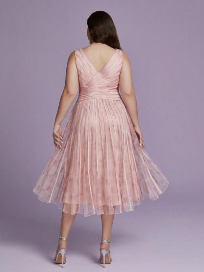 Leely Plus Women's Elegant V Neck A-Line Midi Dress