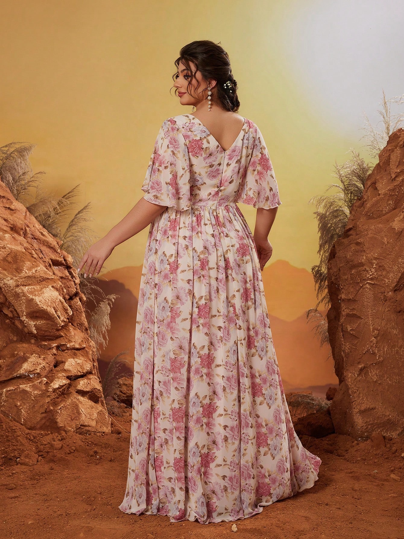 Leely Plus Women's Elegant V Neck Flounce Sleeve A-Line Dress