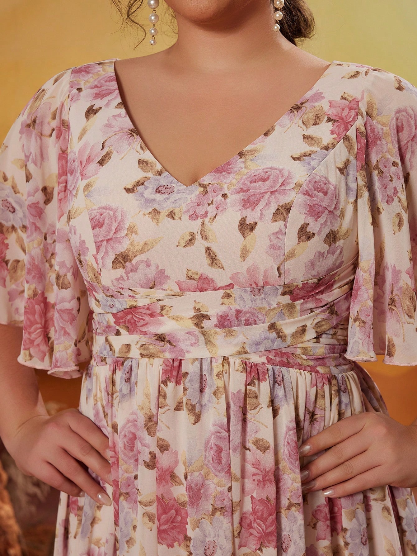 Leely Plus Women's Elegant V Neck Flounce Sleeve A-Line Dress