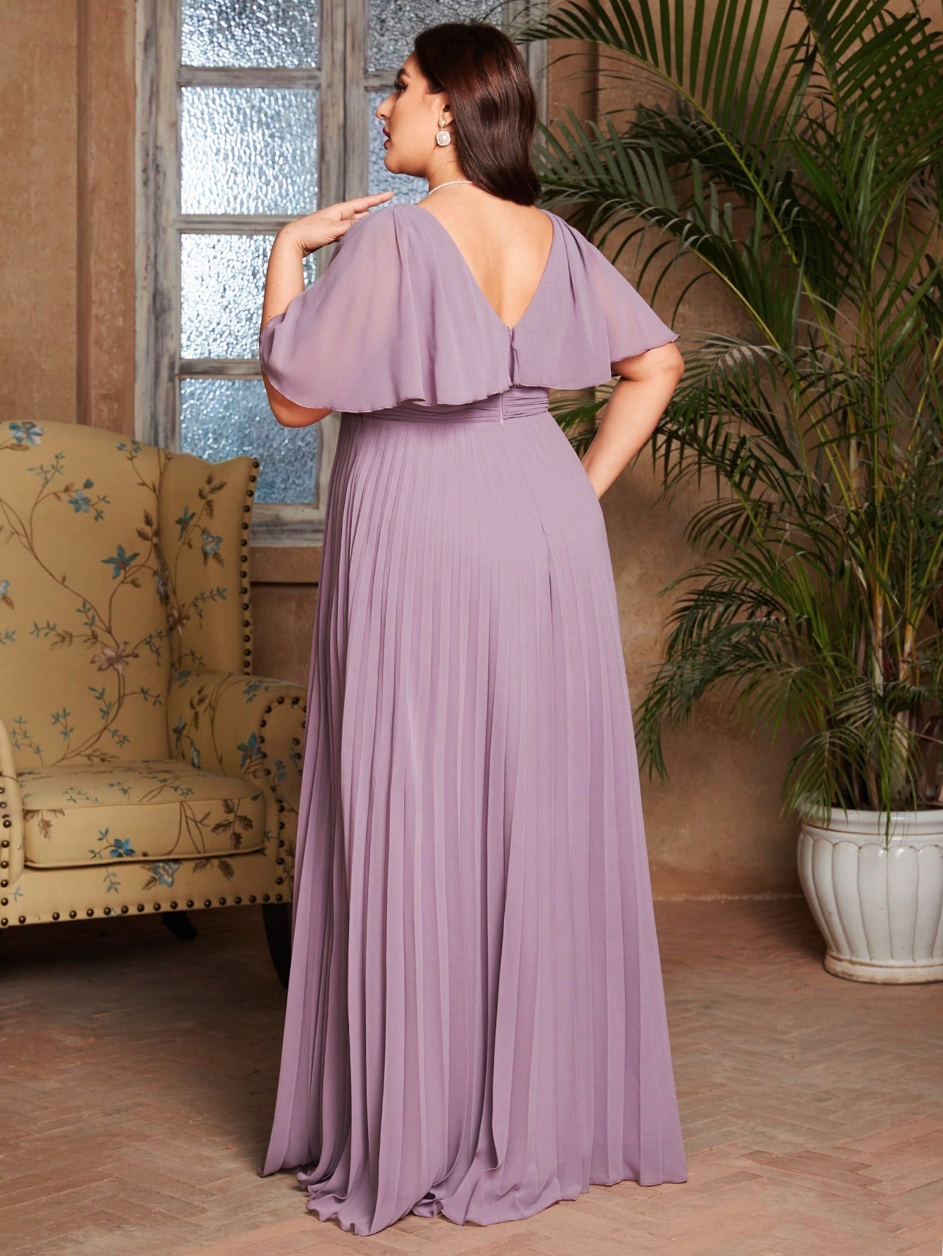 Leely Plus Women's Elegant V Neck Batwing Sleeve Pleated A-Line Dress