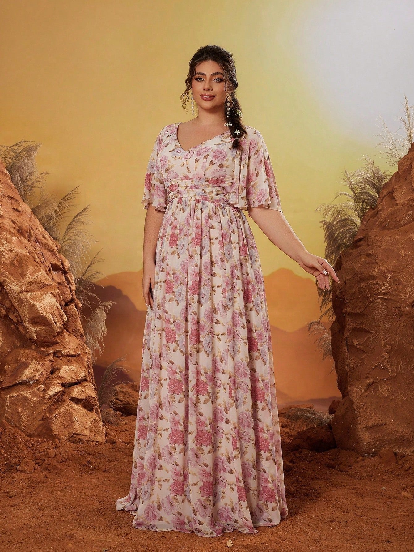 Leely Plus Women's Elegant V Neck Flounce Sleeve A-Line Dress