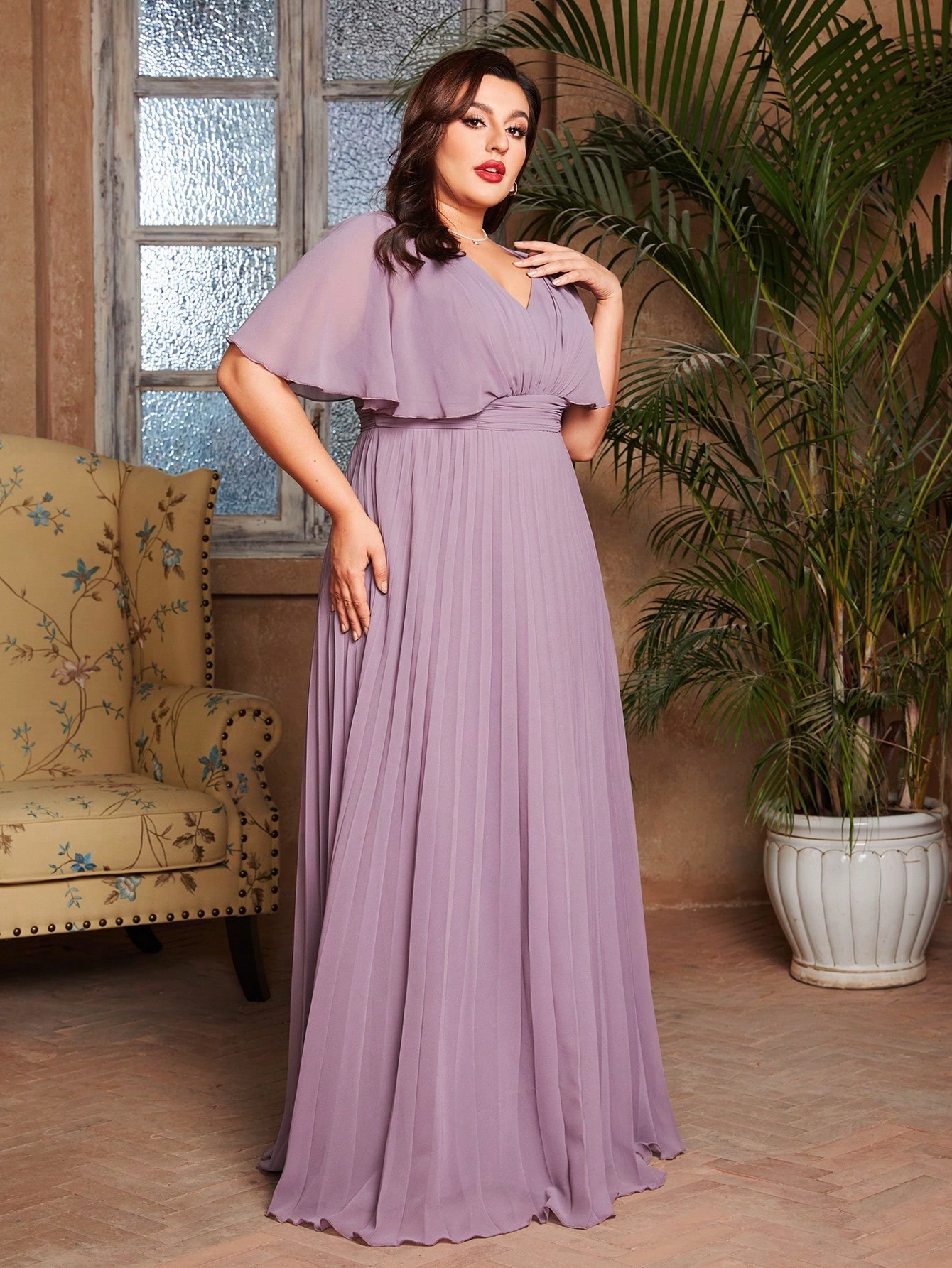 Leely Plus Women's Elegant V Neck Batwing Sleeve Pleated A-Line Dress