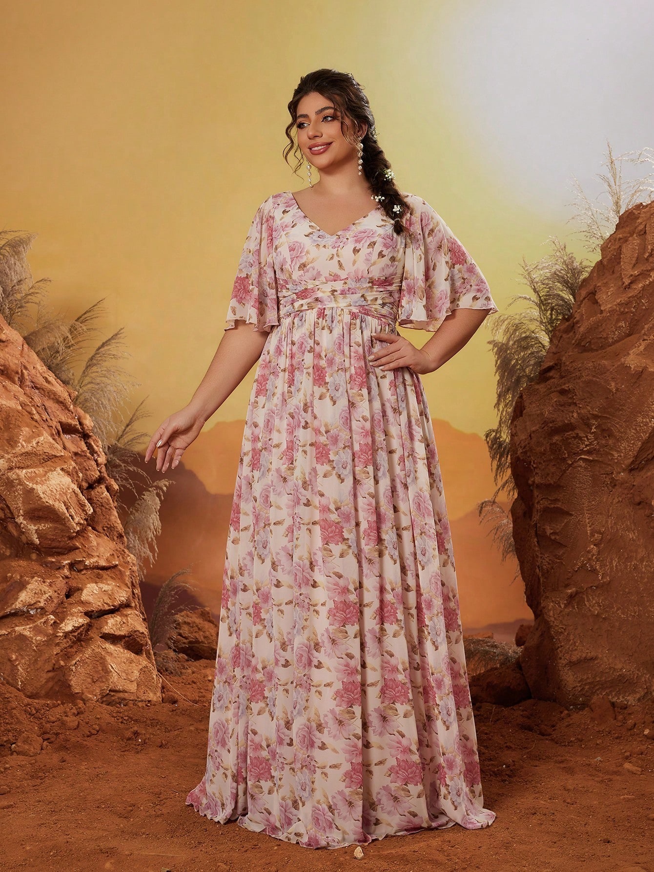 Leely Plus Women's Elegant V Neck Flounce Sleeve A-Line Dress