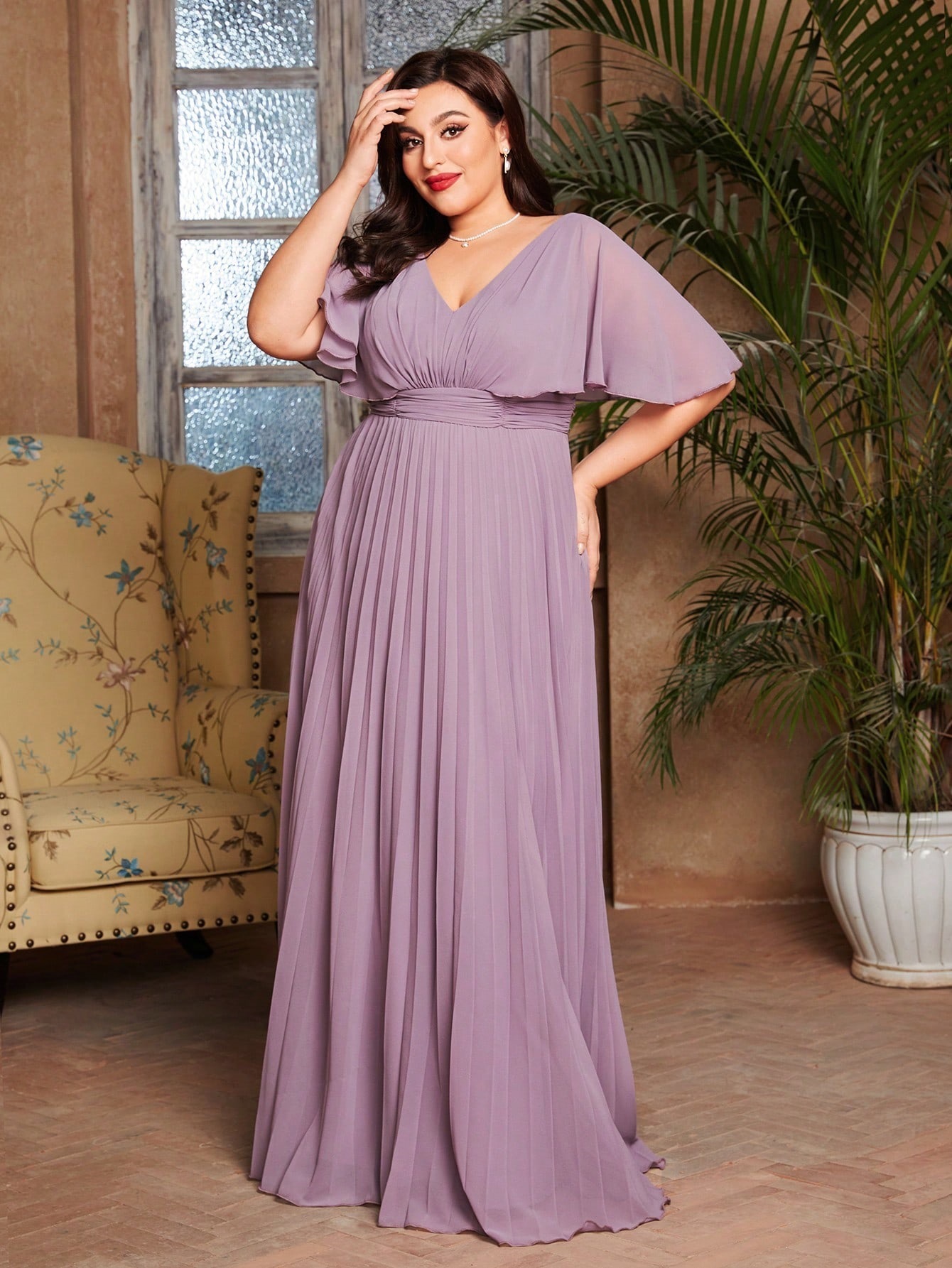 Leely Plus Women's Elegant V Neck Batwing Sleeve Pleated A-Line Dress