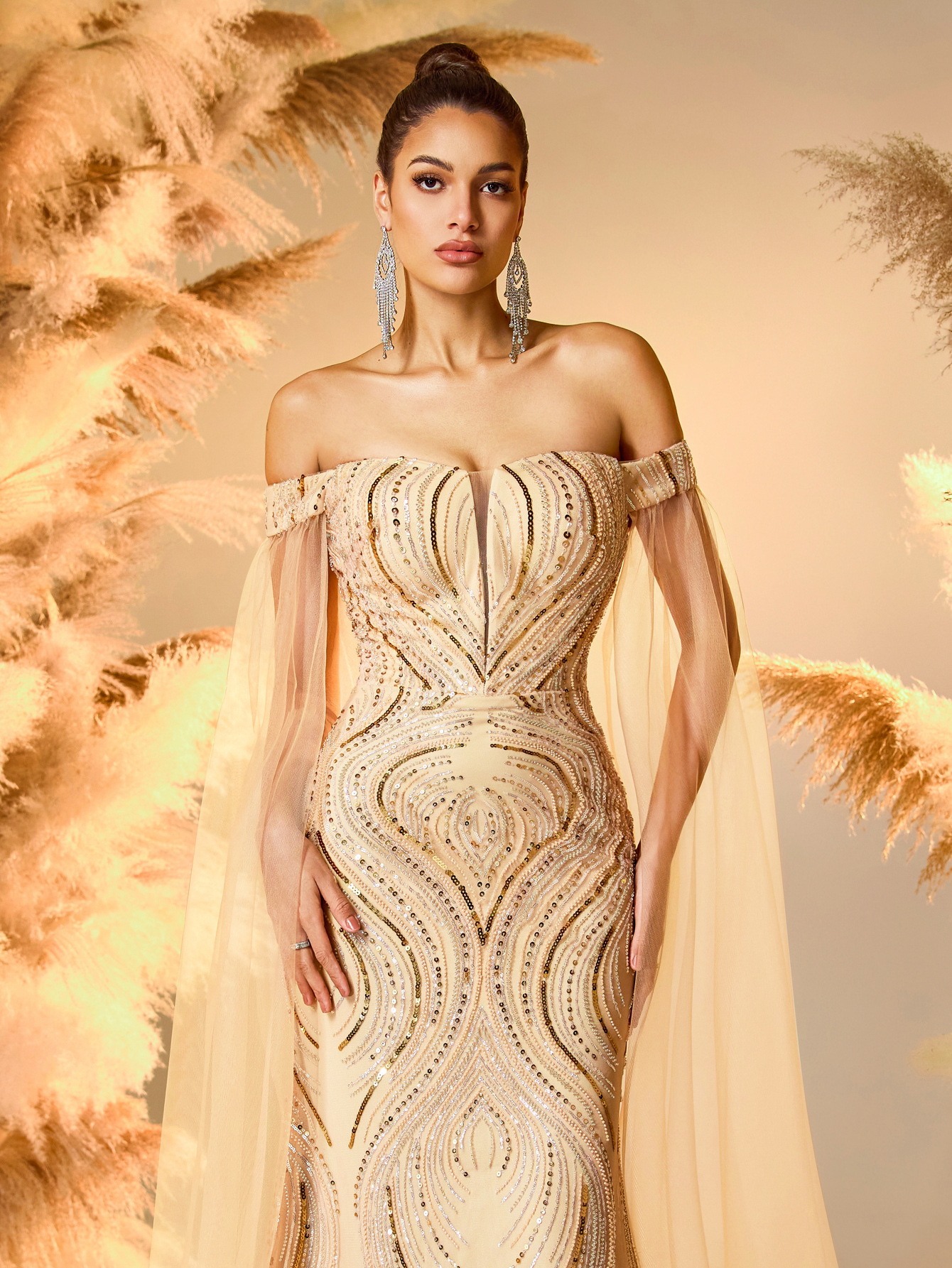 Modecrush Sparkling Beaded Mermaid Evening Dress for Wedding Guest Formal Party Elegant Off-Shoulder Slim-Fit Gown