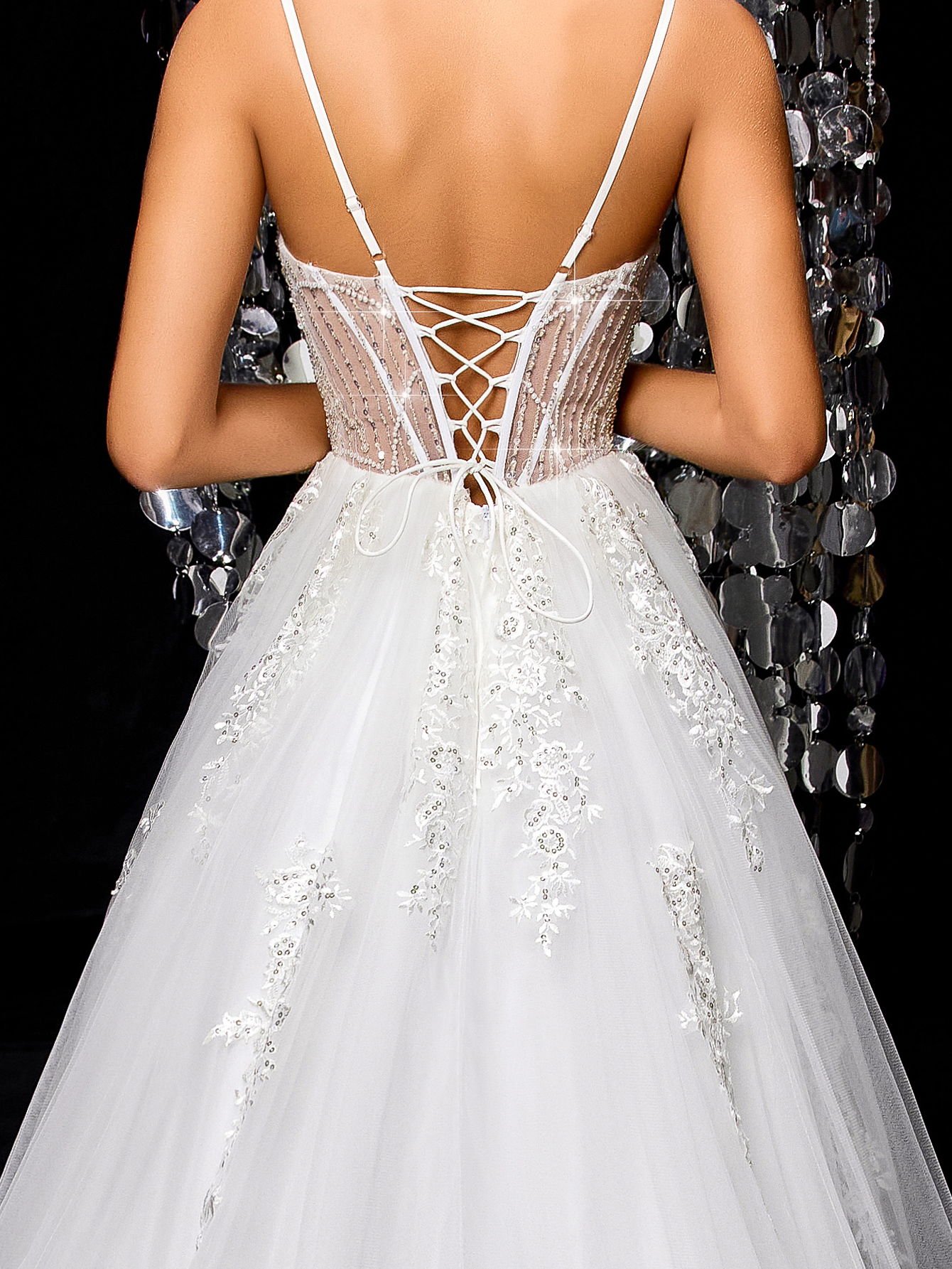 Modecrush Elegant Mesh Embroidered Evening Women Dresses, Beaded and Sequin, Sleeveless A-line Wedding Bridal Gown