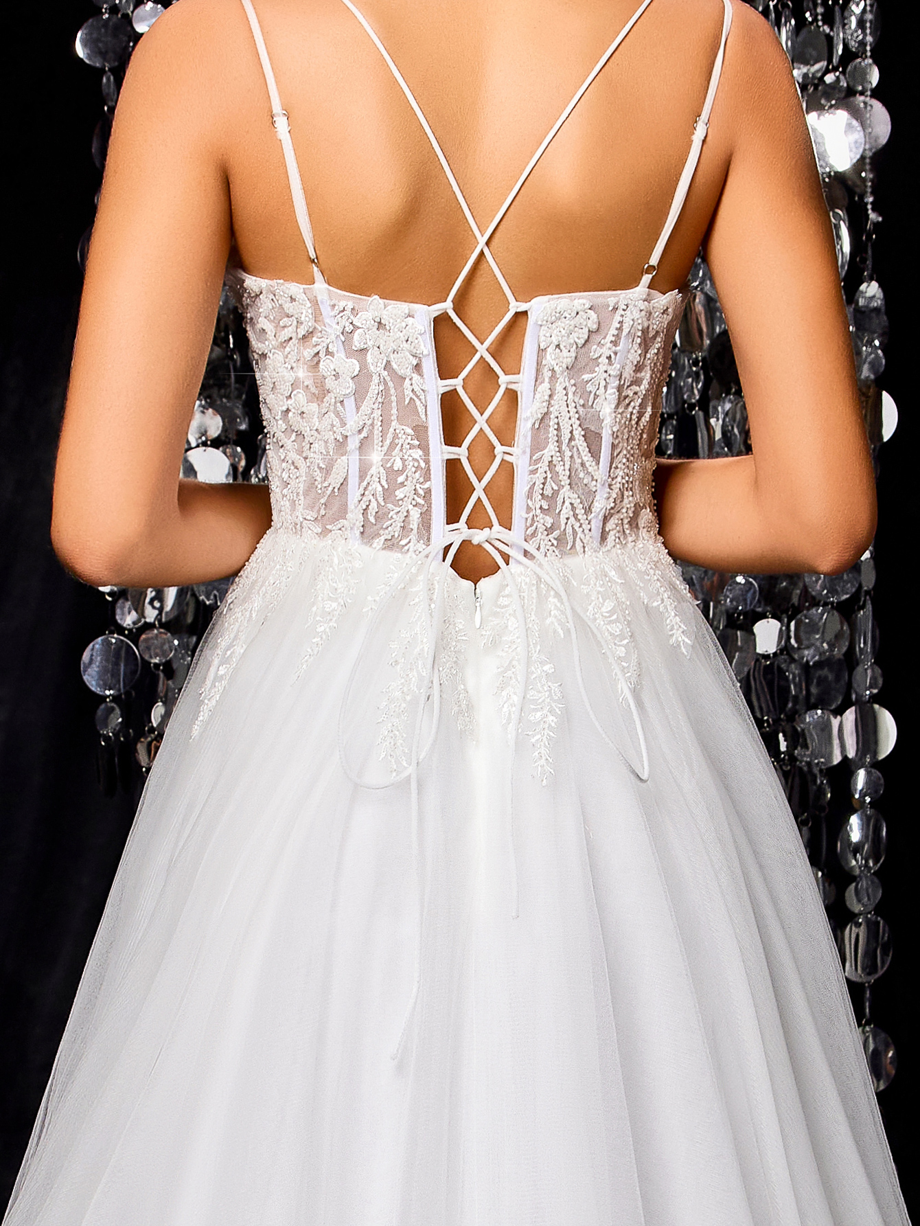 Modecrush Tulle Lace Bride Wedding Dress, A-line with Train Wedding Ball Gown, Backless Applique Beaded Bridal Gown, Outdoor Wedding Party Dress