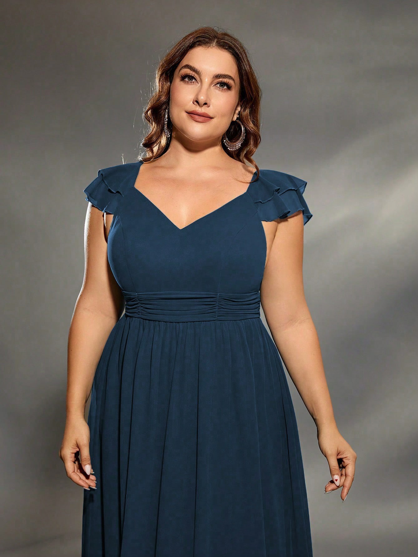 Leely Plus Women's Elegant V Neck Layered Sleeve A-Line Dress