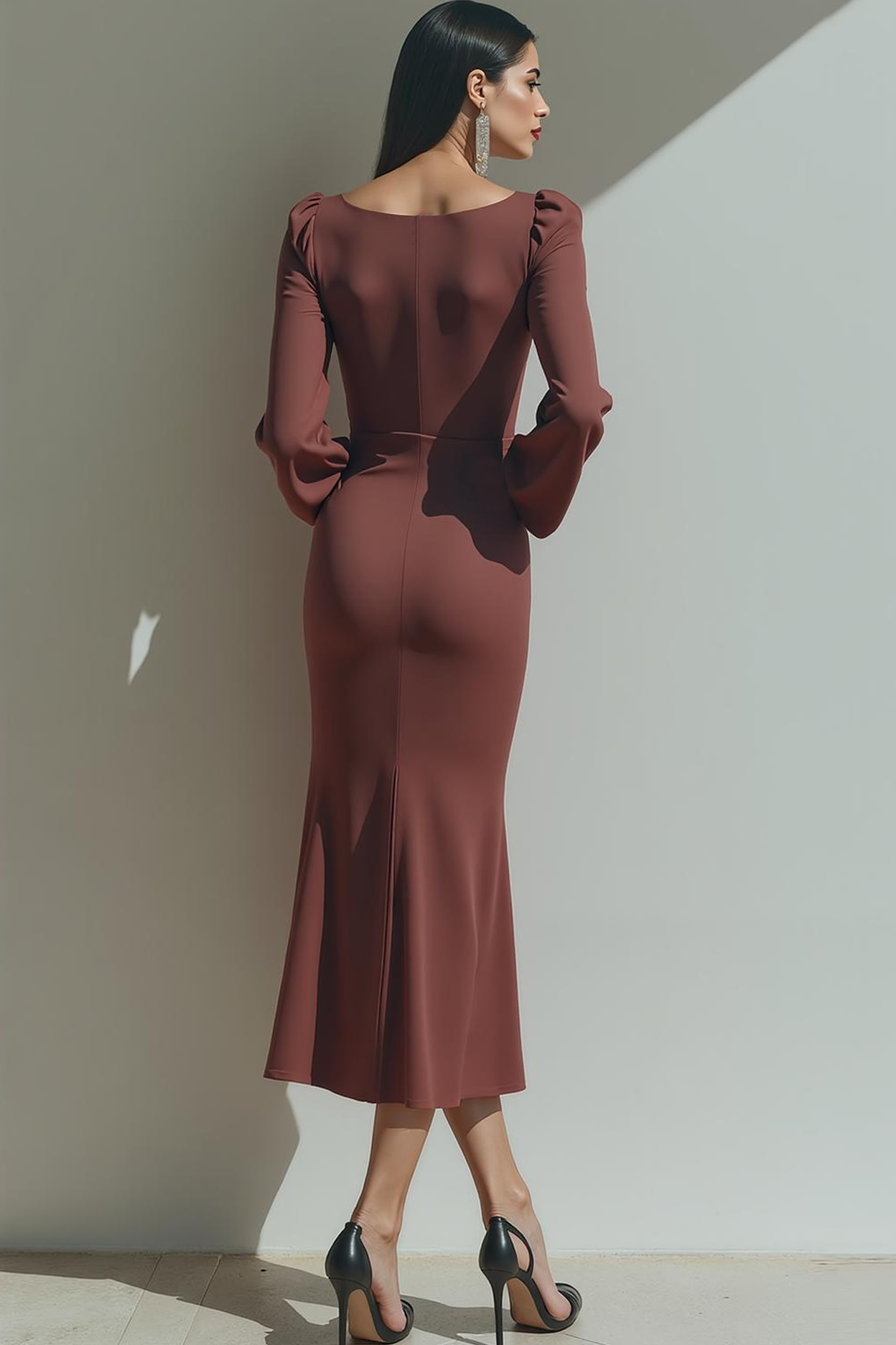 Modecrush Desert Rose Sheath V-Neck Satin Midi Formal Dress with Slit