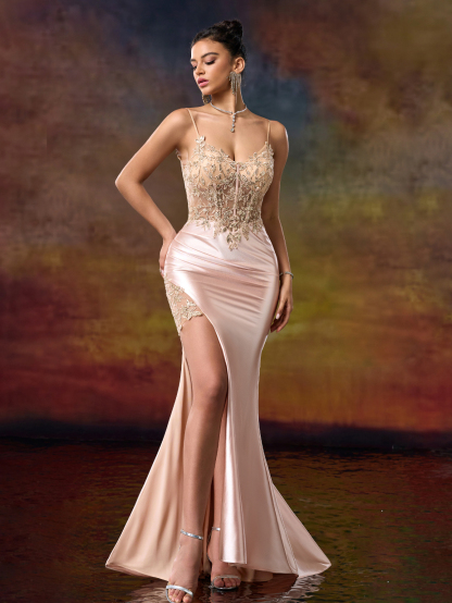 Modecrush Applique Sheath Spaghetti Split Thight Sweetheart Prom Dress Sparkling Sequin Appliqué Embroidered Gown Spring New Party Dress Prom Dress Cocktail Dress