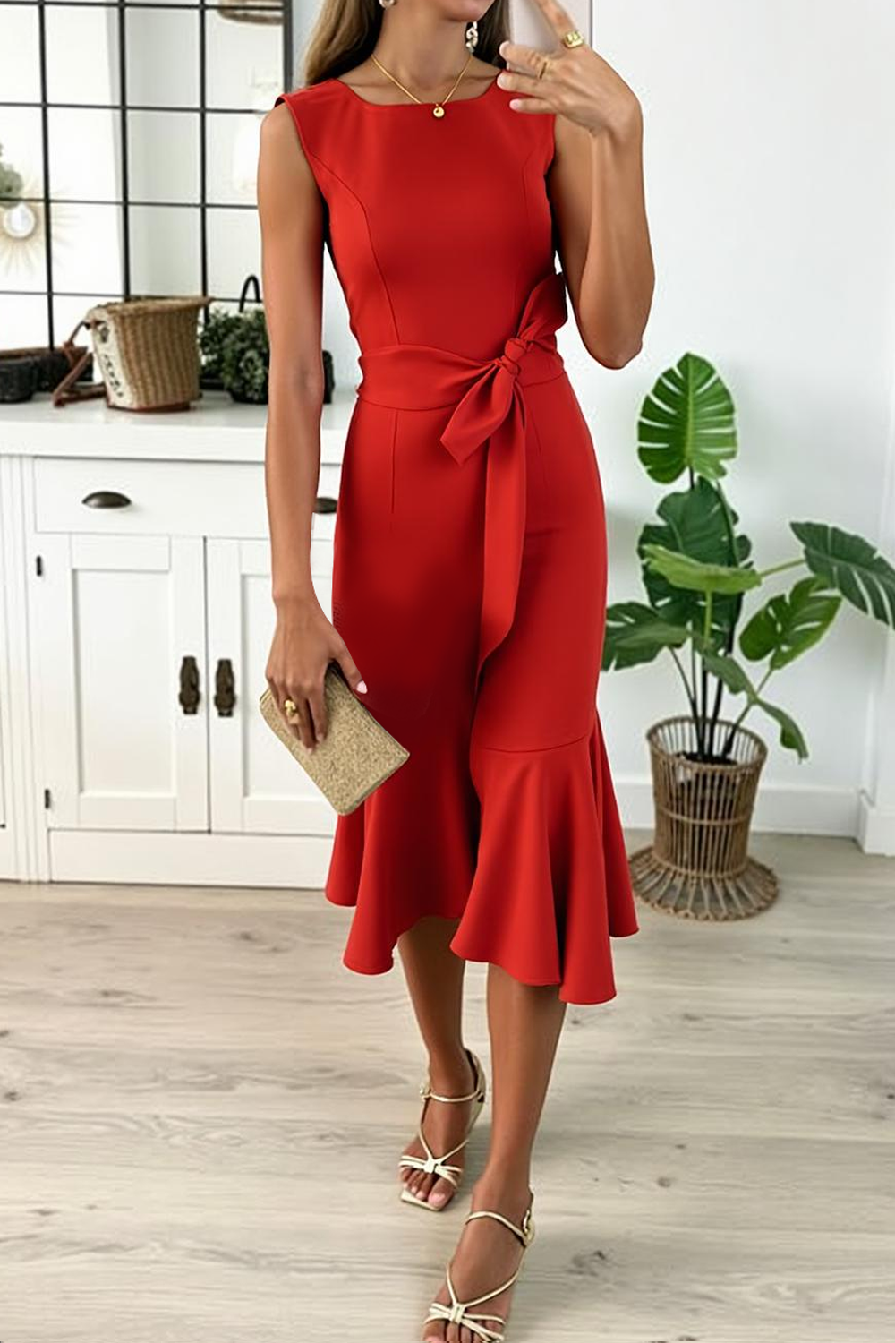 Modecrush Red A-Line Crew Neck Formal Dress with Ruffles