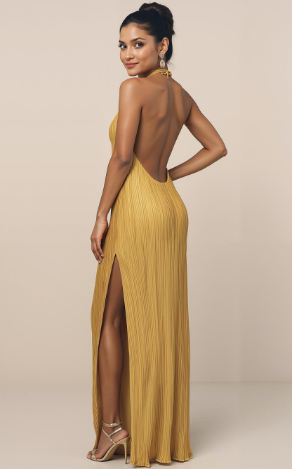 Modecrush Ruched Yellow Satin Halter A-Line Dress with Pleats