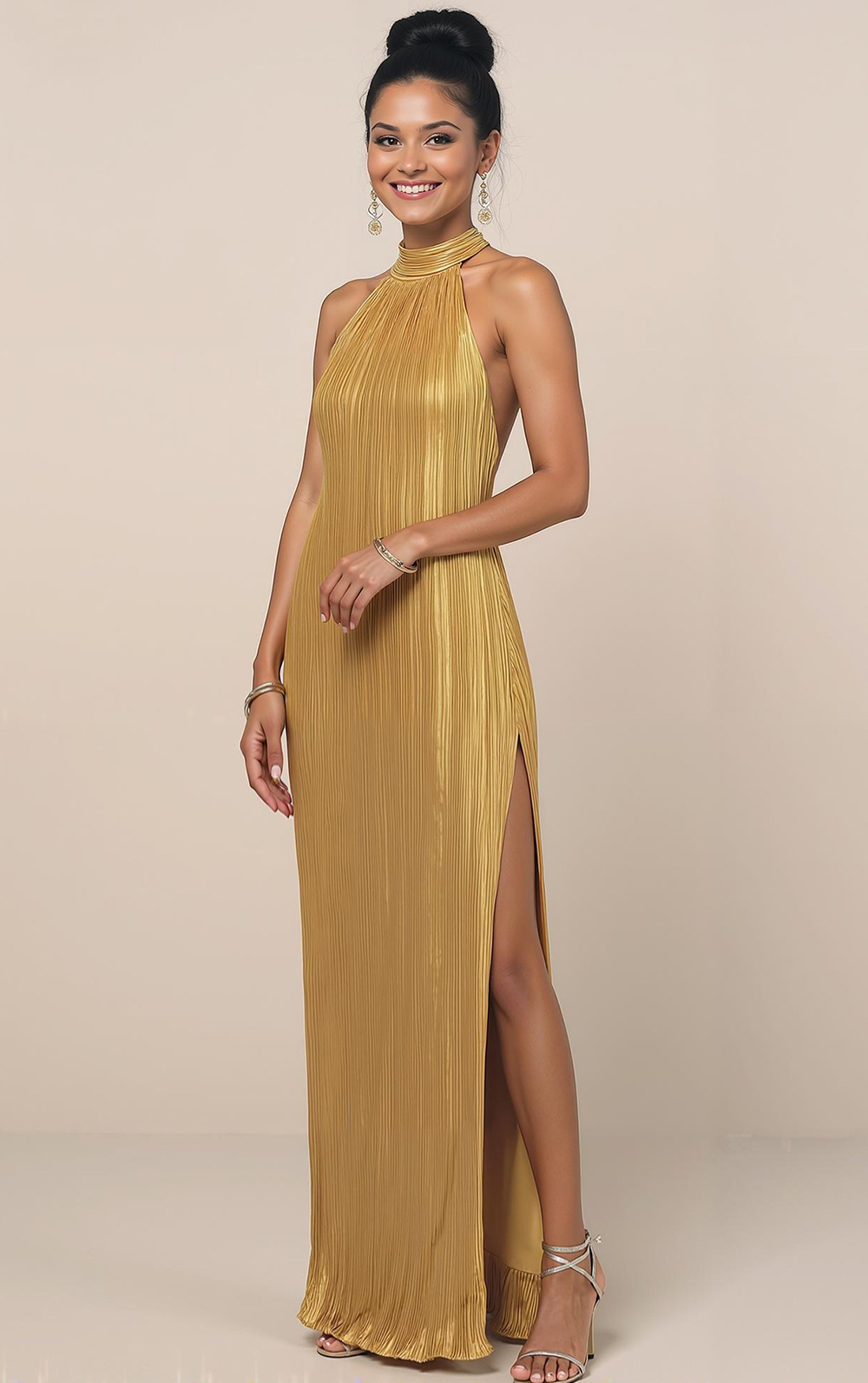 Modecrush Ruched Yellow Satin Halter A-Line Dress with Pleats