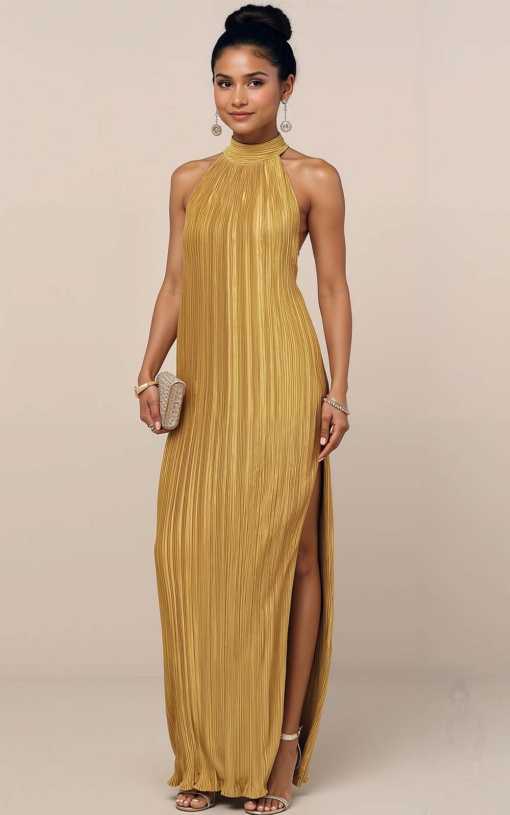 Modecrush White Floral Printed Chiffon Halter A-Line Long Formal & Vac